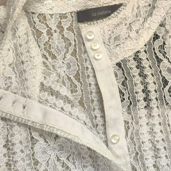 NWT Liz Claiborne Size M White Sheer Lace Button Down Short Sleeve Blouse - Picture 13 of 15